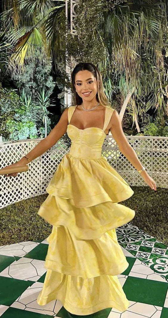 Luolandi Pastel Yellow Ruffle Tiered A-Line Long Party Prom Dress Formal Dress Beautiful